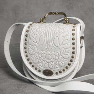 Ethnic white leather crossbody bag, Handcrafted Purse, Embossed fashion handbag, Genuine white leather handbag, Minimalist white leather bag