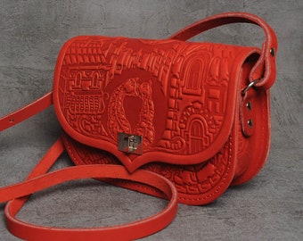 small crossbody red purse, embossed leather small bag, red mini purse, small shoulder bag, genuine leather purse with embossed pattern