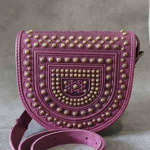 Handmade Purple Leather Crossbody Bag: Hot Tooled Shoulder Bag