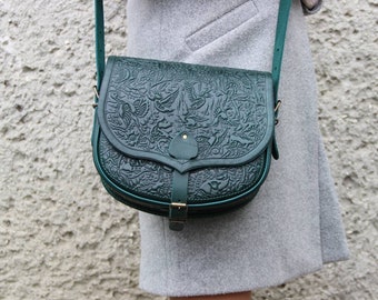 Green leather bag crossbody women's, genuine leather embossed purse over the shoulder