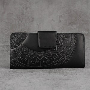 Cartera de cuero negro, billetera de cuero suave, cuero billetera boho, billetera con bolsillo para monedas, billetera de cuero genuino, billetera clutch