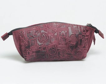 Embossed Leather Cosmetic Bag, Stamps Pattern, Toiletry Organizer