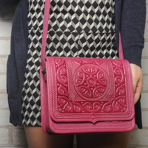 Pink leather purse, pink messenger bag, hot tooled purse, large crossbody bag, leather shoulder bag, capacious leather bag, unique bag