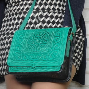 Handmade Tooled Leather Crossbody Bag: Mint & Black Messenger Purse