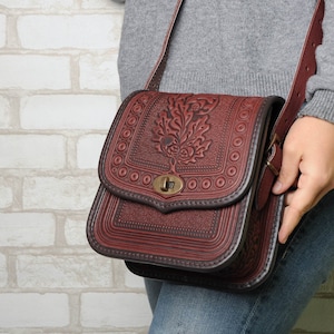 Bordo Leather Crossbody Bag: Hot Tooled Embossed Oak Leaves