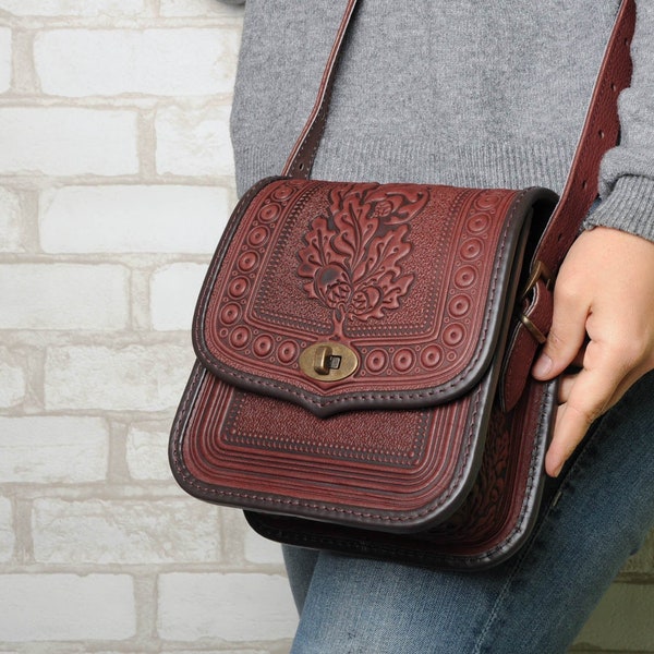 Bordo crossbody bag, leather purse, hot tooled leather, embossed leather bag, shoulder leather bag, bordo bag, messenger bag, gift for her