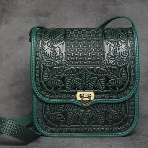 Green Leather Crossbody Bag: Embossed Hazelnut Leaf Purse