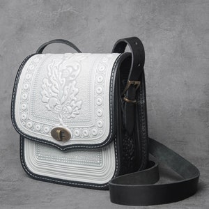 White black crossbody bag, leather purse, hot tooled leather, embossed leather bag, shoulder leather bag, white bag, messenger bag