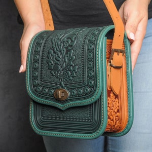 Green/foxy crossbody bag, leather purse, hot tooled leather, embossed leather bag, shoulder leather bag, green bag, messenger bag