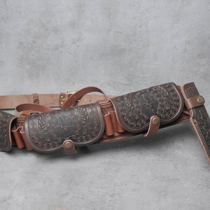 Embossed Leather Cartridge Belt: Hunting Bandolier with Knife Sheath