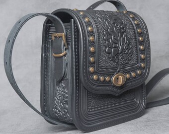 Boho bag, black leather purse, leather purse with metal, hot tooled leather, crossbody bag, shoulder leather bag, black bag, messenger bag