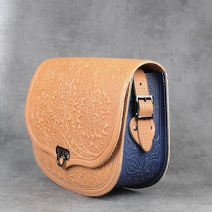 Embossed Leather Messenger Bag: Handmade Floral Crossbody Purse
