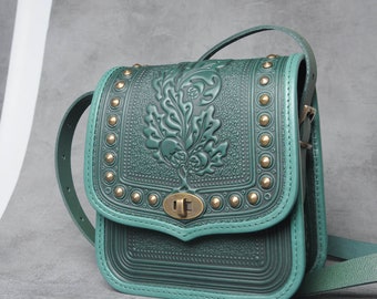 Shoulder leather bag, green leather purse, hot tooled leather, leather bag with metal, crossbody bag, green bag, messenger bag, gift for her