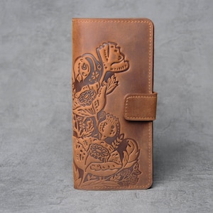 Cartera de piel marrón, cartera de piel suave, cartera con monedero, cartera larga para mujer, cartera de mano, cartera de mujer