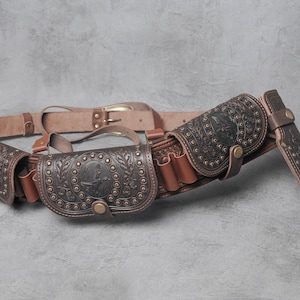 Cartridge belt with metal, brown leather bandolier, leather hunting belt, leather belt for hunter, belt for knife and bullets, hunter belt
