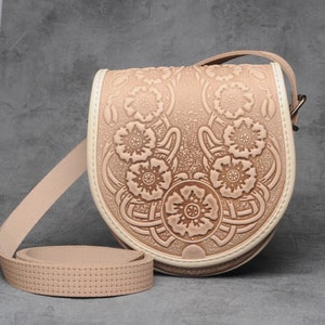 Handmade Beige Leather Crossbody Bag: Hot Tooled Poppies Purse