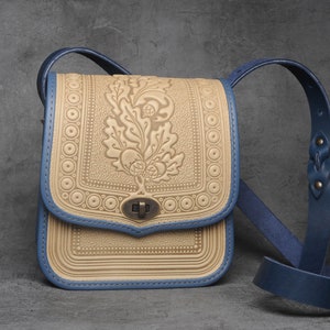 Embossed Leather Crossbody Bag: Hot Tooled Oak Leaf Design