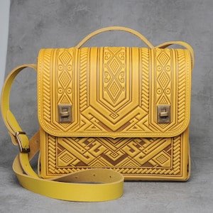 Sac cartable en cuir jaune, porte-documents jaune, sac en cuir véritable, sac en cuir gaufré, sac à bandoulière, sac à bandoulière, grand sac