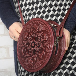 Bordeaux round bag, brown leather purse, women round bags, leather evening bag, round leather purse, unique leather purse