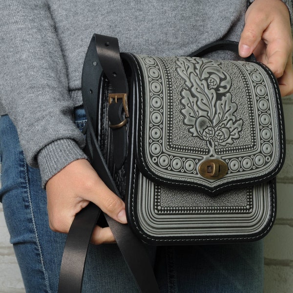 Embossed Leather Crossbody Bag: Hot Tooled Oak Leaf Design