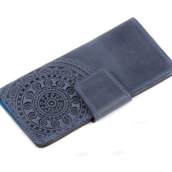 Soft leather wallet, wallet with coin pocket, mandala wallet, full grain wallet, clutch wallet, womens wallet, blue wallet, gift for her