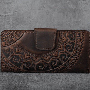 Cartera de cuero chocolate, billetera de cuero suave, cuero billetera boho, billetera con bolsillo para monedas, billetera de cuero genuino, billetera clutch