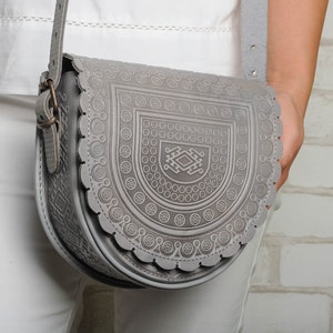 Gray ethnic purse, messenger bag, hot tooled bag, genuine leather bag, purse womens, shoulder leather bag, crossbody bag womens, gray bag