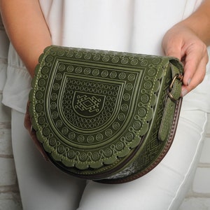 Olive Leather Crossbody Bag: Hot Tooled Ethnic Messenger