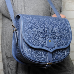Blue Leather Messenger Bag: Hot Tooled Animal Design