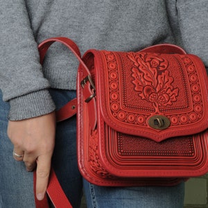 Red Leather Crossbody Purse: Hot Tooled Oak Leaf Shoulder Bag