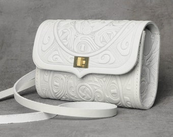 Embossed White Leather Belt Bag: Unique Fanny Pack Purse