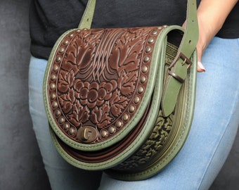 Brown bag with metal, round leather bag, embossed bag, brown leather purse, crossbody bag, tooled foxy bag, gift for her, shoulder purse