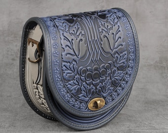 Blue crossbody bag, round leather bag, blue leather purse, blue bag womens, crossbody bag, messenger bag, embossed leather