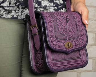 Purple leather purse, hot tooled leather, embossed leather bag, crossbody bag, shoulder leather bag, purple bag, messenger bag, gift for her