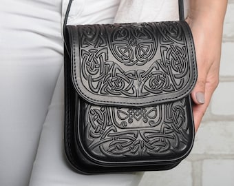 Embossed Leather Mini Crossbody Bag: Hot Tooled Black Purse