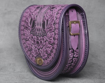 Purple bag womens, round leather bag, violet leather purse, crossbody bag, tooled lilac bag, gift for her, embossed leather bag