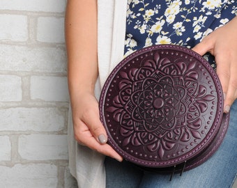 Purple round bag, women round bags, purple leather purse, round leather purse, leather evening bag, round leather bag, unique leather purse