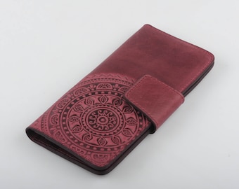 Purple leather wallet, soft leather wallet, wallet with coin pocket, mandala wallet, clutch wallet, womens wallet, marsala wallet, gift idea