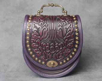 Purple shoulder bag, unique leather bag with metal handle, genuine leather bag with metal, embossed leather bag, fashionable bag for woman