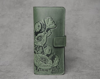 Green Leather Wallet: Embossed Floral Long Clutch