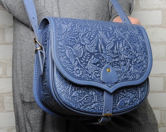 Blue messenger bag, big leather purse, hot tooled purse, blue crossbody bag, blue shoulder bag, capacious leather bag, bag with animals