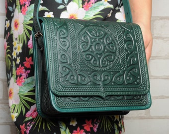 Green leather purse, green messenger bag, hot tooled purse, large crossbody bag, leather shoulder bag, capacious leather bag, unique bag