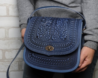 Blue messenger bag, genuine leather bag, big leather bag, tooled leather, crossbody bag, shoulder bag, capacious bag