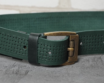 Embossed Green Leather Belt, Adjustable Ornament Belt