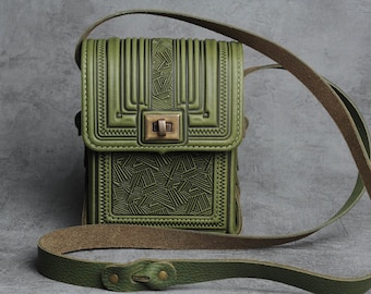 Green Leather Small Messenger Bag: Handmade Shoulder Bag for Men