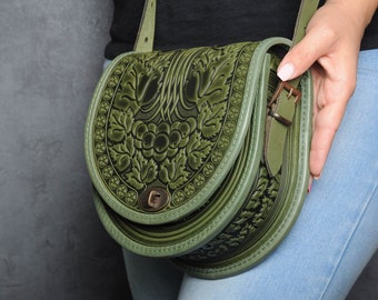 Embossed Olive Leather Crossbody Bag: Tooled Round Shoulder Bag