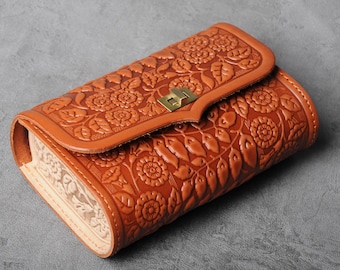 Embossed Leather Belt Bag: Floral Fanny Pack, Clutch Purse