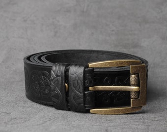 Black leather belt, celtic leather belt, celtic belt, embossed leather belt, mens leather belt, womens belt, mens belt