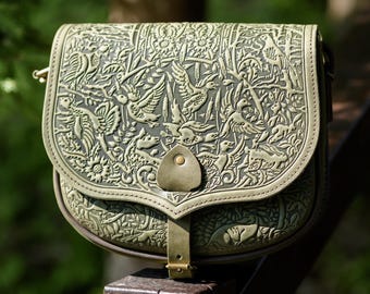 Olive messenger bag, big leather purse, hot tooled purse, olive crossbody bag, green shoulder bag, capacious leather bag, bag with animals