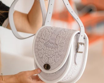 Embossed Leather Crossbody Bag: Handmade White Leather Purse